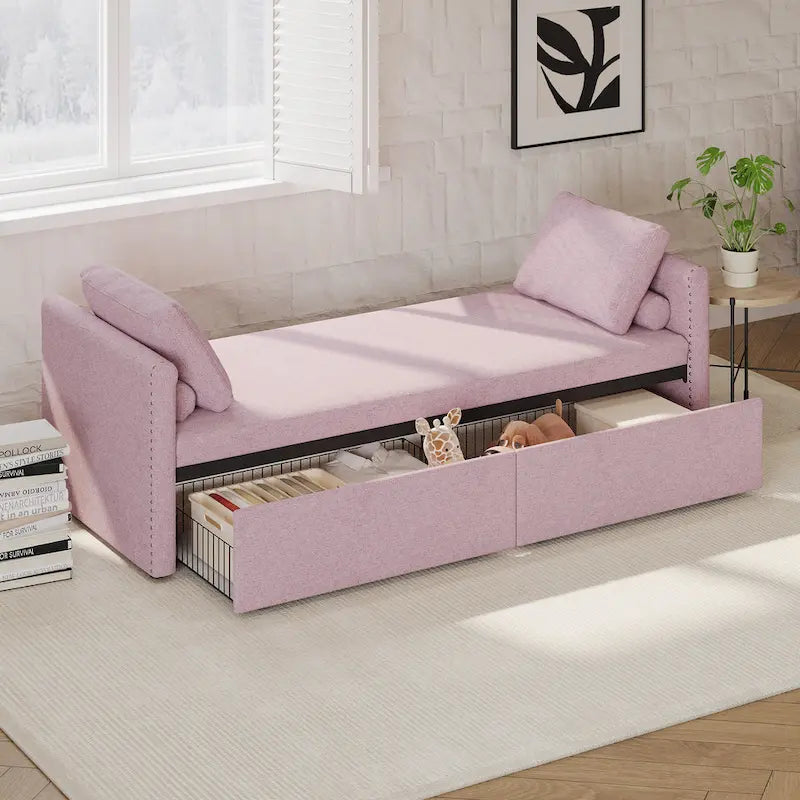 Roomfitters Upholstered Chaise Daybed with 2 Drawers and Pillows, Compact Lounger for Living Room, Linen Fabric
