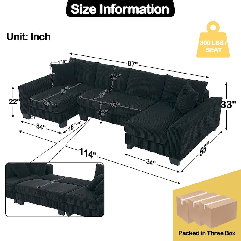 114  U Shape Corduroy Sofa Oversize Sectional Couch Upholstered Sofa Bed