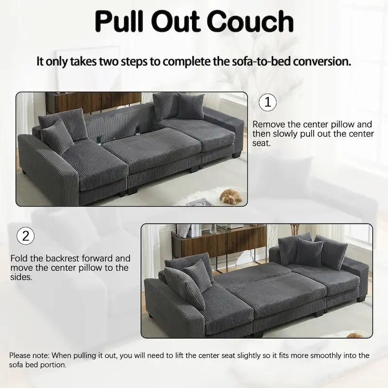 114  U Shape Corduroy Sofa Oversize Sectional Couch Upholstered Sofa Bed