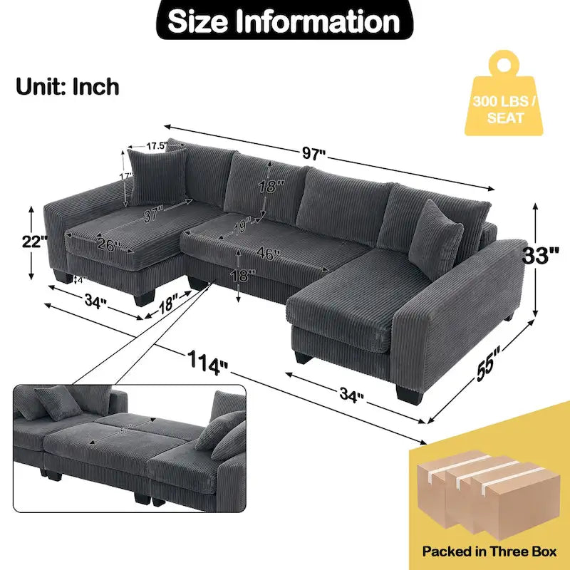 114  U Shape Corduroy Sofa Oversize Sectional Couch Upholstered Sofa Bed