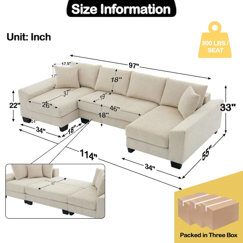 114  U Shape Corduroy Sofa Oversize Sectional Couch Upholstered Sofa Bed