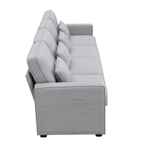 104 Upholstered Sofa Couch with Armrest Pockets and 4 Pillows, 4-Seater Modern Linen Fabric Sofa Minimalist Style Couches