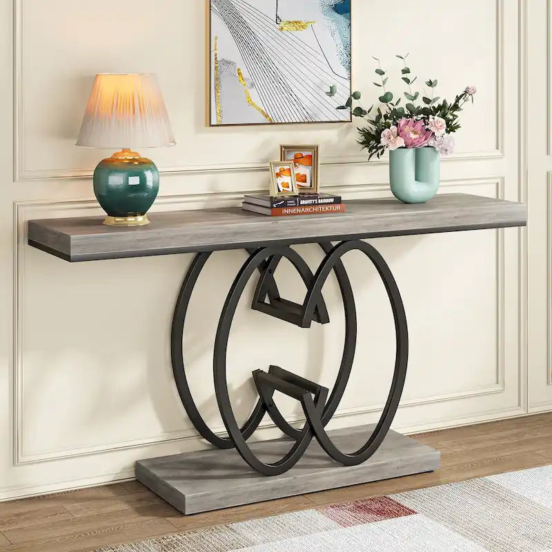 55 Inch Faux Marble Console Table Gold Sofa Table for Entryway