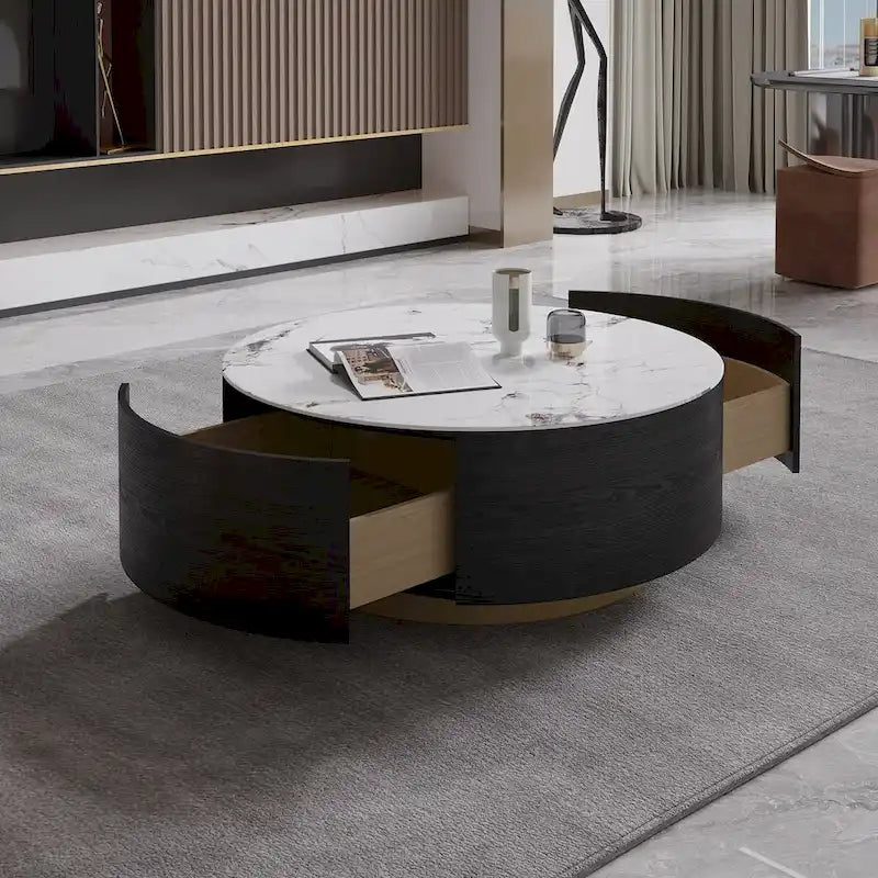 Modern Round Coffee Table with 2 Drawers, Sintered Stone Tabletop and Golden Base
